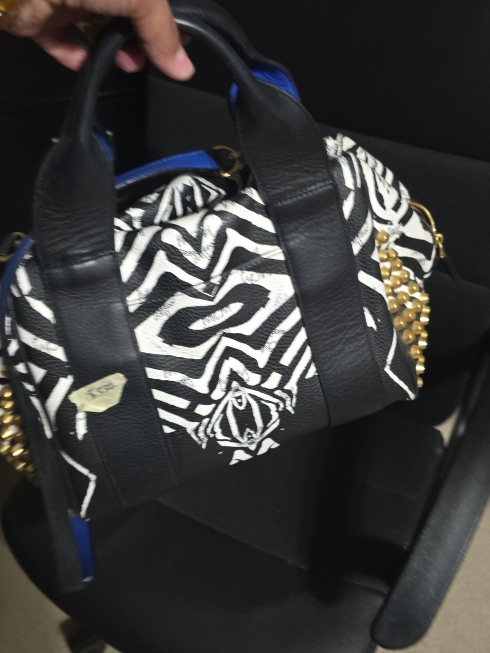 MCM Black & White Zebra-Print Crossbody Satchel with Gold Studs